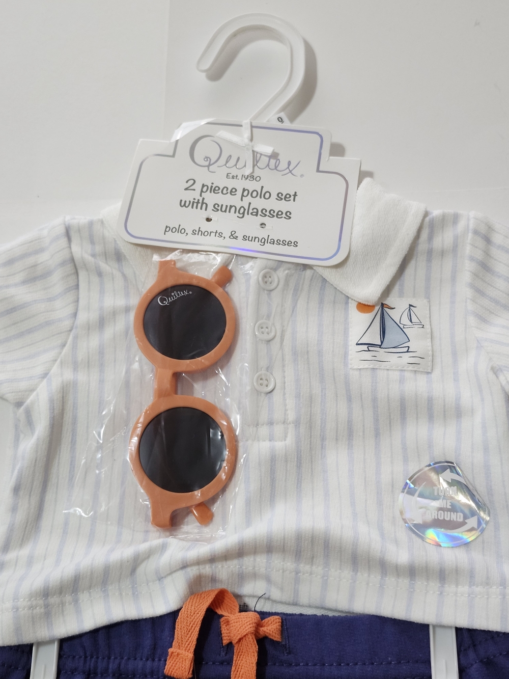 Quiltex White Striped Polo & Navy Shorts Set with Orange Sunglasses - Picture 3 of 4